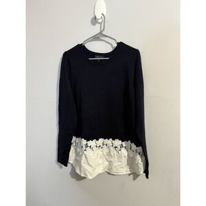 Ab Studio Sweater Womens XL Blue White Long Sleeve Knit Floral Lace Accent